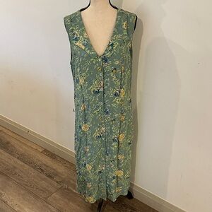 Vintage April Cornell Green Floral Maxi Dress Full Button Front Large VNeck Boho